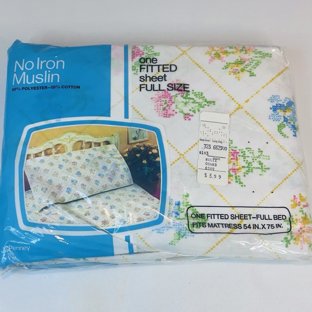 JCPenney Vintage Full Fitted Sheet Faux Cross Stitch Floral No Iron Muslin NEW